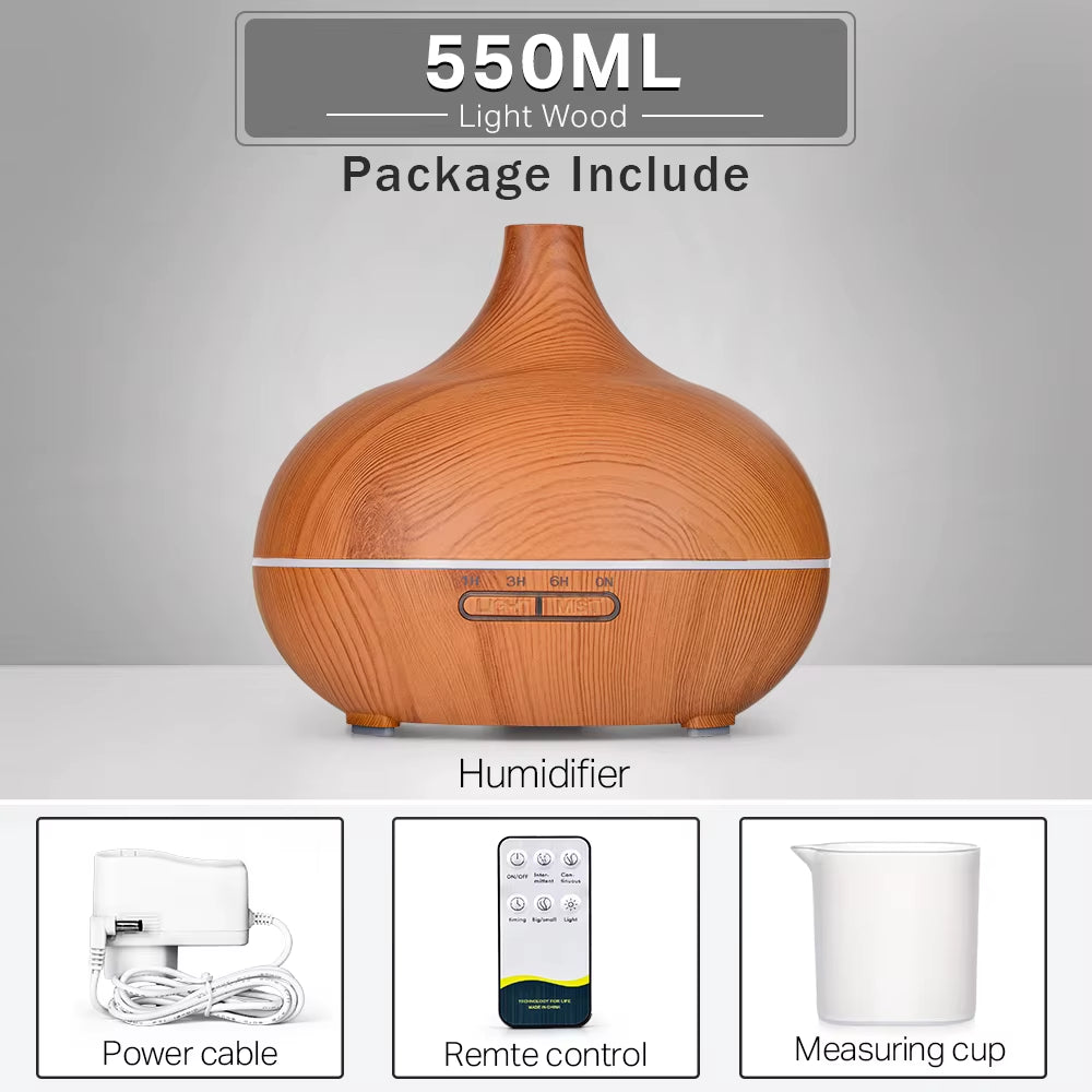 Aromatherapy Essential Oil Diffuser Wood Grain Remote Control Ultrasonic Air Humidifier Cool with 7 Color LED Light
