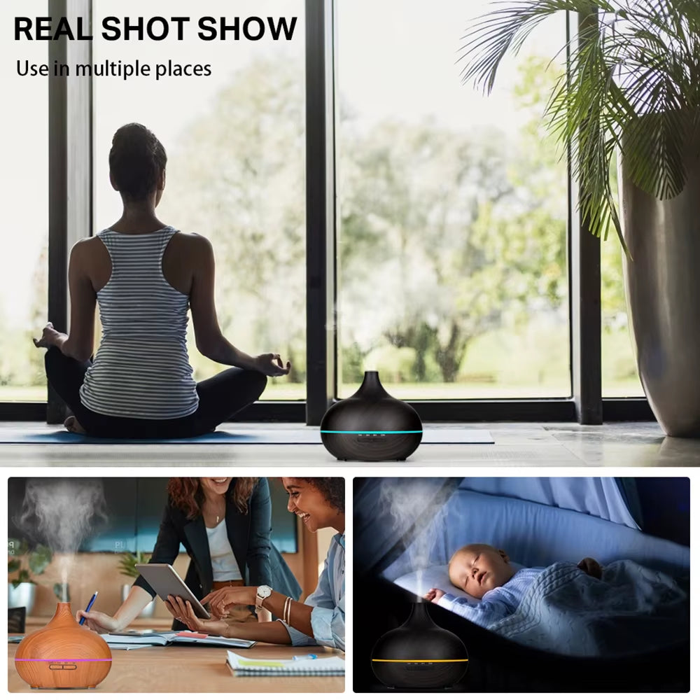 Aromatherapy Essential Oil Diffuser Wood Grain Remote Control Ultrasonic Air Humidifier Cool with 7 Color LED Light
