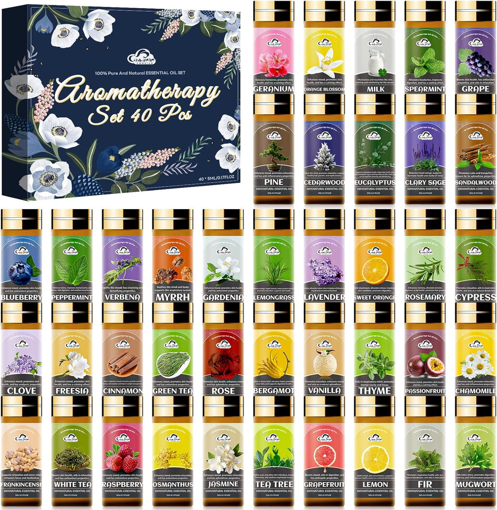 Essential Oil Set, 40 Pcs Aromatherapy Essential Oils for Diffusers for Home, 5ML Fragrance Gift Set for Skin Care, Humidifier, Laundry, Massage, Candle and Soap Making