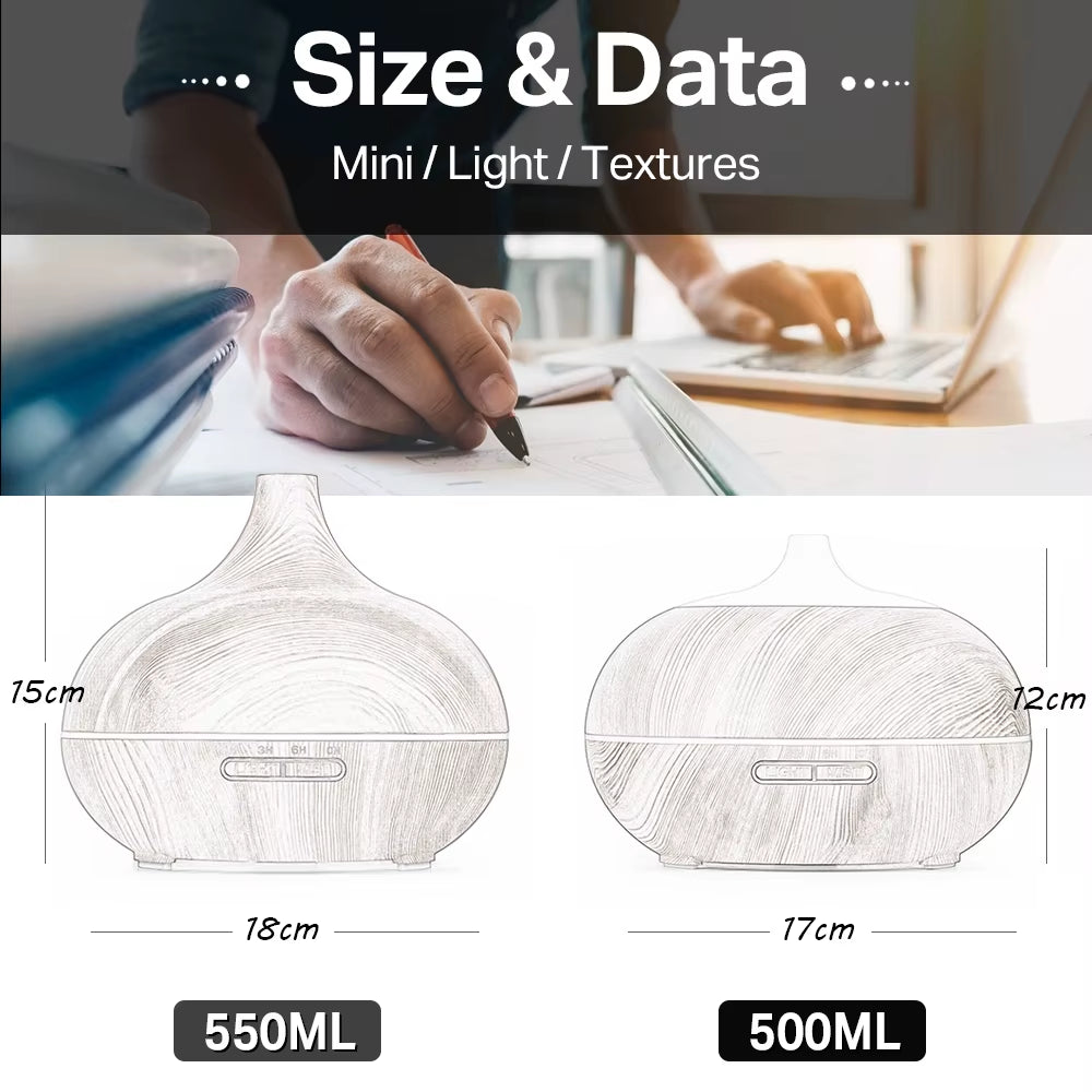 Aromatherapy Essential Oil Diffuser Wood Grain Remote Control Ultrasonic Air Humidifier Cool with 7 Color LED Light