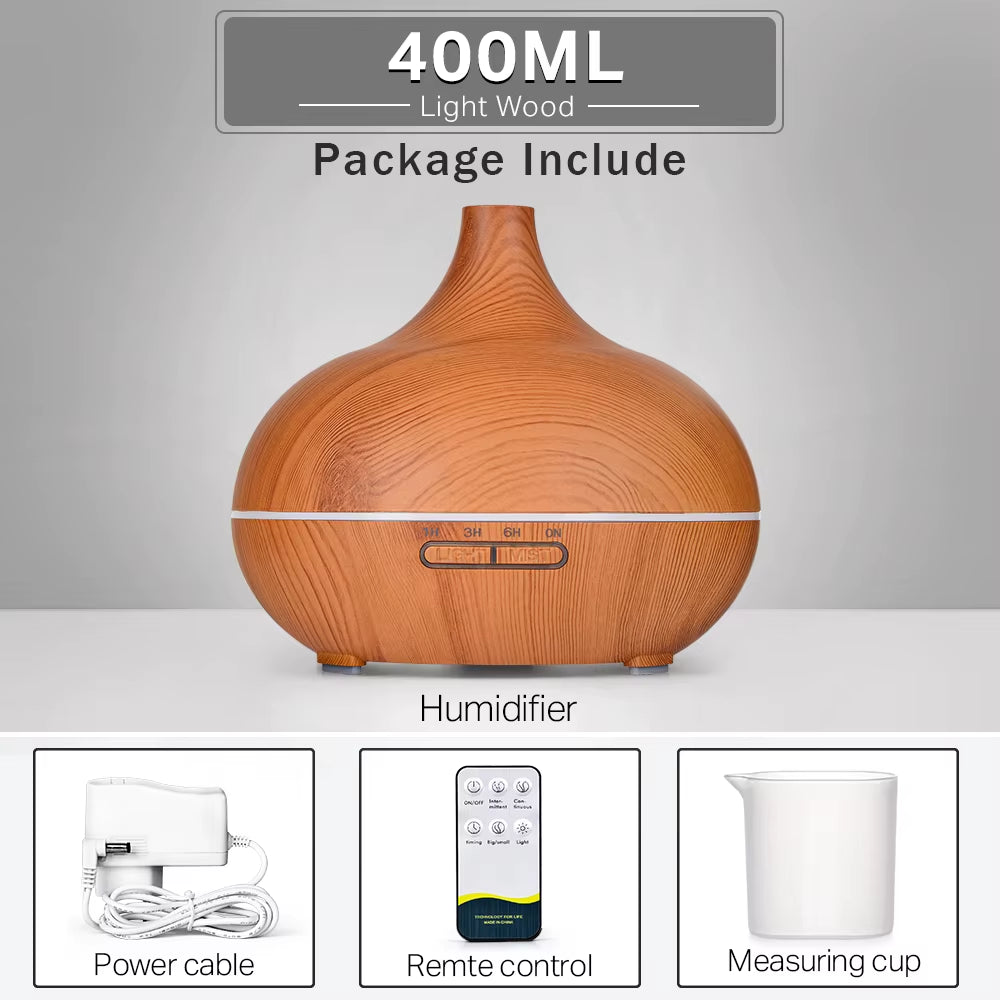 Aromatherapy Essential Oil Diffuser Wood Grain Remote Control Ultrasonic Air Humidifier Cool with 7 Color LED Light